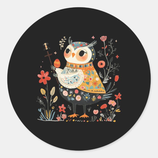 Wise Owl Guardian - Easter Egg Folk Art  Classic Round Sticker (Front)