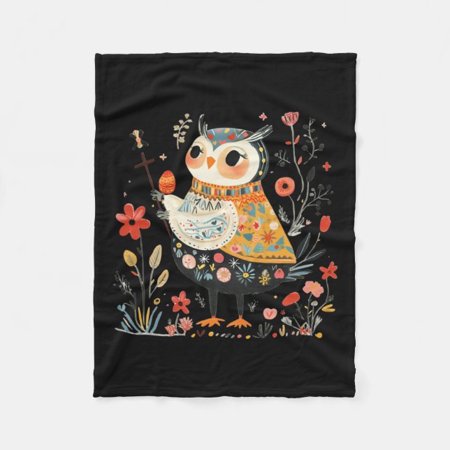 Wise Owl Guardian - Easter Egg Folk Art  Fleece Blanket (Front)