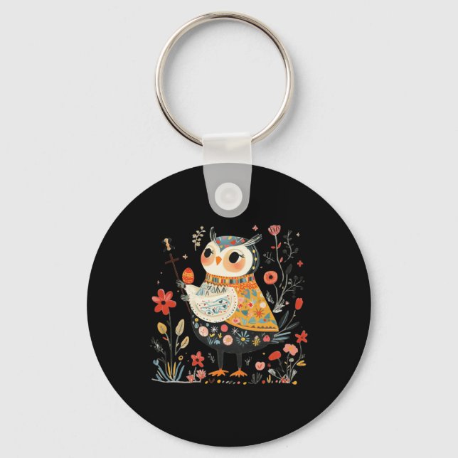 Wise Owl Guardian - Easter Egg Folk Art  Key Ring (Front)