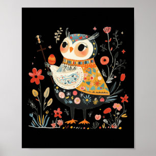 Wise Owl Guardian - Easter Egg Folk Art  Poster