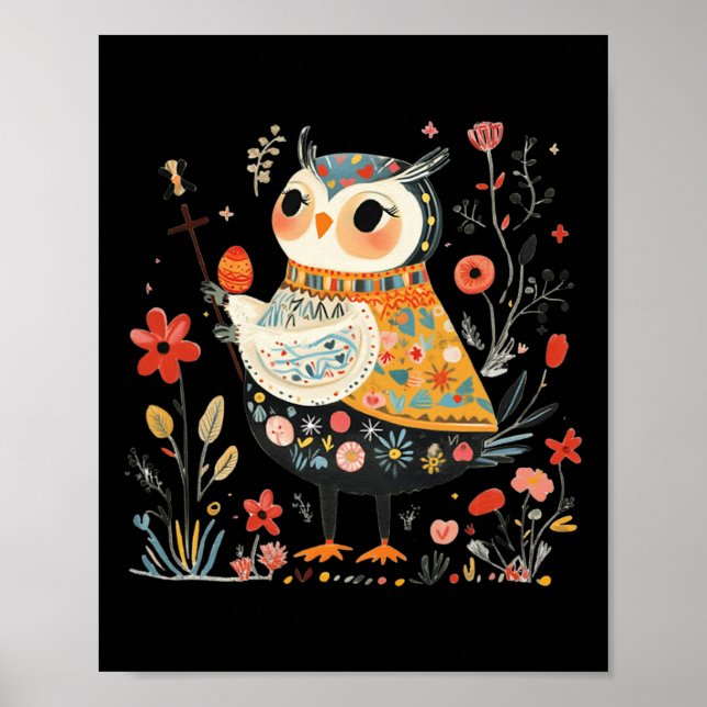 Wise Owl Guardian - Easter Egg Folk Art  Poster (Front)