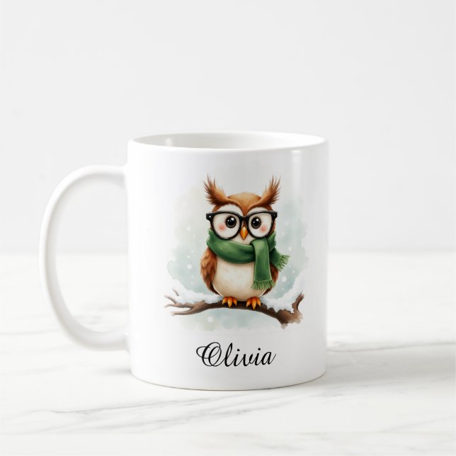 Wise Owl in Glasses & Scarf Custom Name Mug (Left)