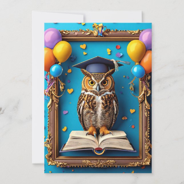 Wise Owl in Graduation Cap Posing with Book Invitation (Front)