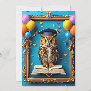 Wise Owl in Graduation Cap Posing with Book Invitation