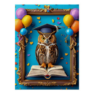 Wise Owl in Graduation Cap Posing with Book Poster
