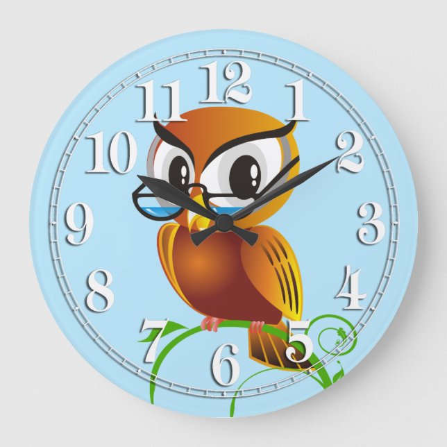 Wise Owl in Spectacles Light Blue Large Clock (Front)