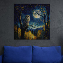 Wise Owl Perched on a Tree Under the Full Moon -