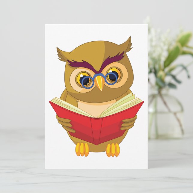 Wise Owl Reading A Book Invitation (Standing Front)