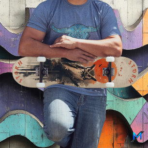 Wise Owl Under Fiery Moon, Retro Wilderness  Skateboard
