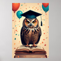 Wise Owl Wearing Graduation Hat Perched on Book