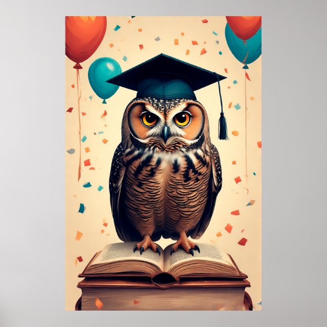Wise Owl Wearing Graduation Hat Perched on Book Poster (Front)