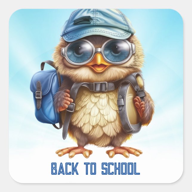 Wise Owl with Blue backpack, hats and an eyeglass, Square Sticker (Front)