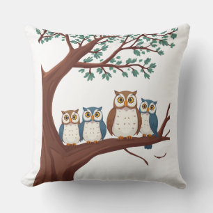 Wise Owls on a Woodland Branch Cushion