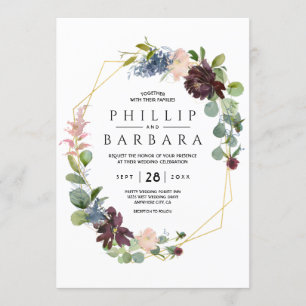 Wish Bordo Blue Watercolor Flowers Invitation