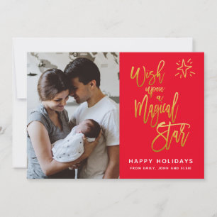 Wish Upon a Magical Star Gold Script Red Photo Holiday Card