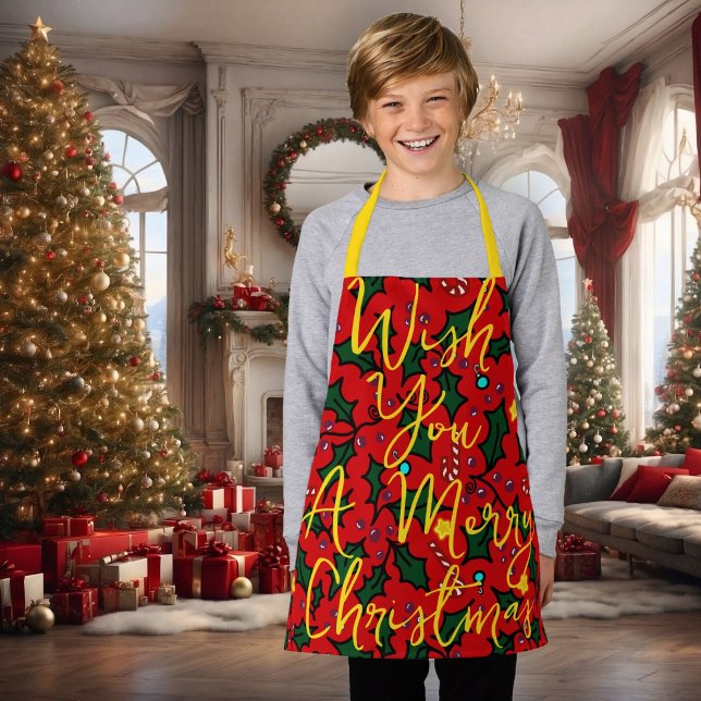 Wish You a Merry Christmas Holly Pattern Apron (Creator Uploaded)