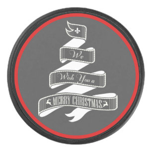 Wish You a Merry Christmas, Ribbon Tree Art Hockey Puck