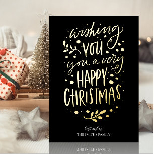 Wish You Merry Christmas Black Gold Non Photo Foil Holiday Card