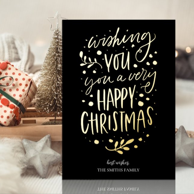 Wish You Merry Christmas Black Gold Non Photo Foil Holiday Card (Creator Uploaded)