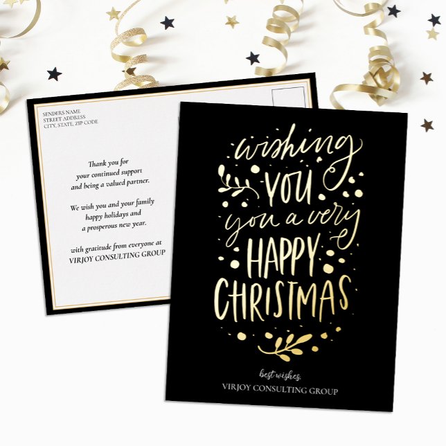 Wish You Merry Christmas Black Script Business Foil Holiday Postcard (Creator Uploaded)