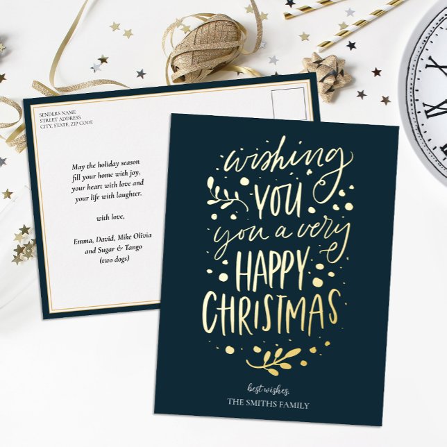 Wish You Merry Christmas Blue Gold Non Photo Foil Holiday Postcard (Creator Uploaded)