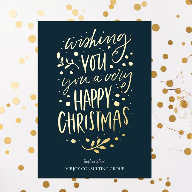 Wish You Merry Christmas Blue Gold Script Business Foil Holiday Card (Creator Uploaded)