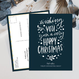 Wish You Merry Christmas Blue Script Business Holiday Postcard