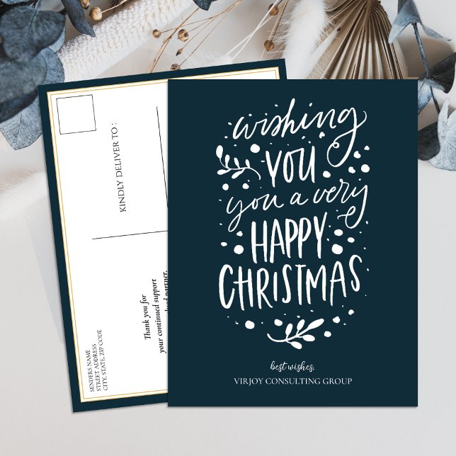 Wish You Merry Christmas Blue Script Business Holiday Postcard (Creator Uploaded)