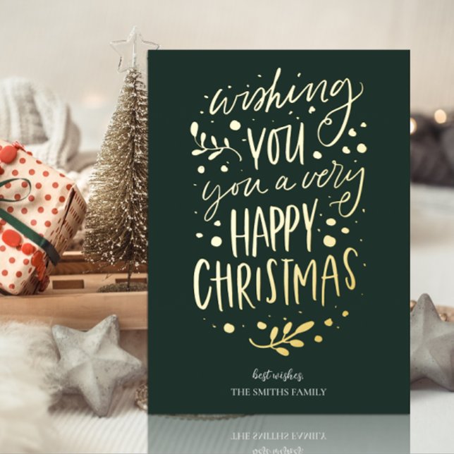 Wish You Merry Christmas Green Gold Non Photo Foil Holiday Card (Creator Uploaded)