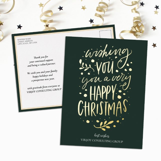 Wish You Merry Christmas Green Script Business Foil Holiday Postcard (Creator Uploaded)