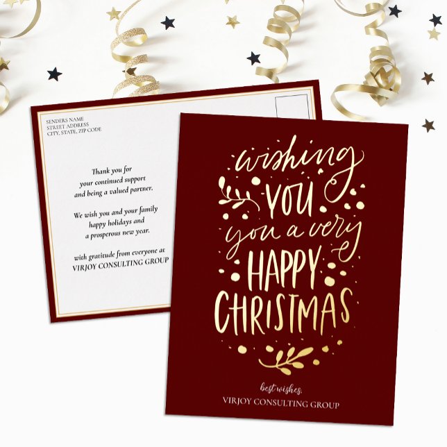 Wish You Merry Christmas Red Gold Script Business Foil Holiday Postcard (Creator Uploaded)