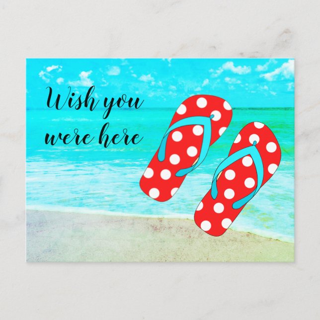 Wish You Were Here Red Flip Flops Beach Vacation Postcard (Front)
