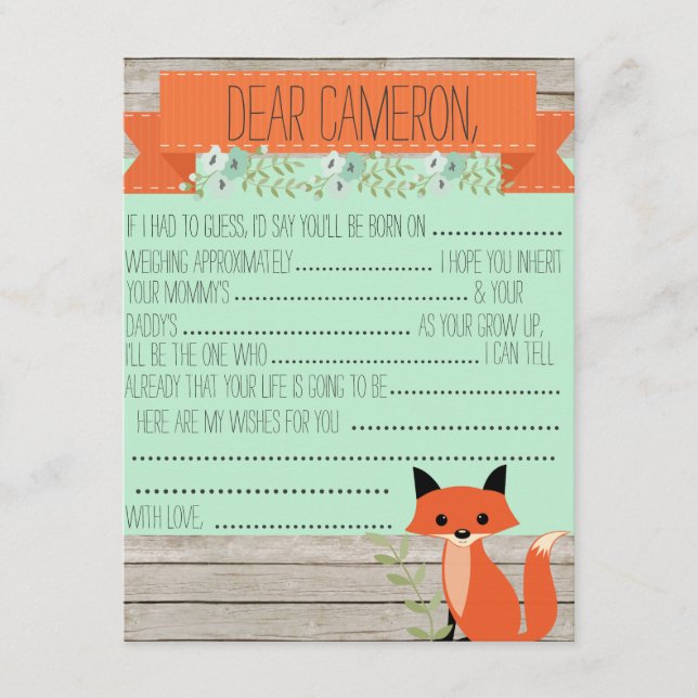 Wishes for baby - Fox theme Advice Card (Front)