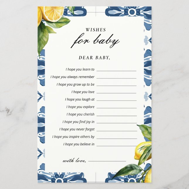 Wishes for Baby Lemon Positano Baby Shower Game (Front)