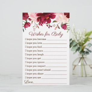 Wishes for Baby Shower Game Burgundy Pink Floral 