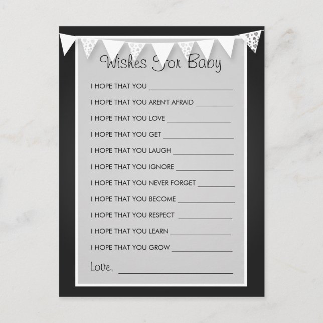 Wishes For Baby Shower Love Bunting  Black Advice Card (Front)