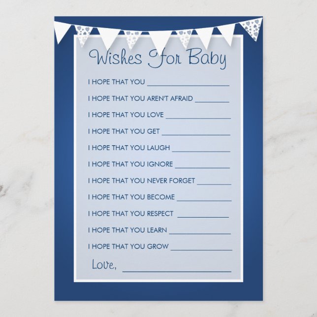 Wishes For Baby Shower Love Bunting Blue Advice Card (Front)