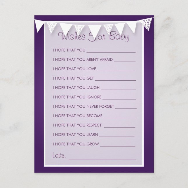 Wishes For Baby Shower Love Bunting  Purple Advice Card (Front)