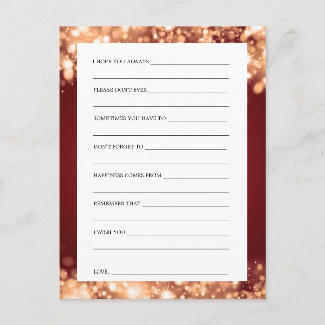 Wishes For Bride And Groom Gold Sparkling Lights Advice Card (Front)