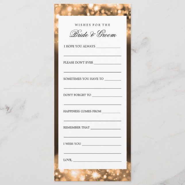 Wishes For Bride And Groom Gold Sparkling Lights Advice Card (Front)
