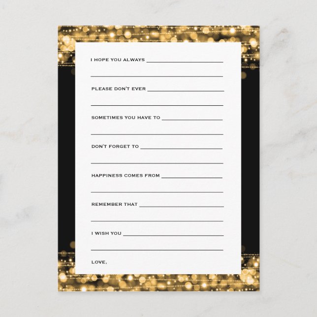 Wishes For Bride And Groom Party Sparkles Gold Advice Card (Front)