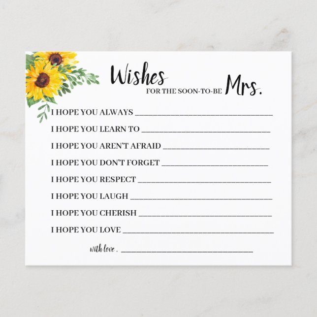 wishes for Soon to be Mrs Sunflowers Shower Card (Front)
