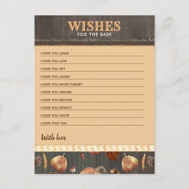 Wishes For The Baby Fall Pumpkin Boys Baby Shower Postcard (Front)