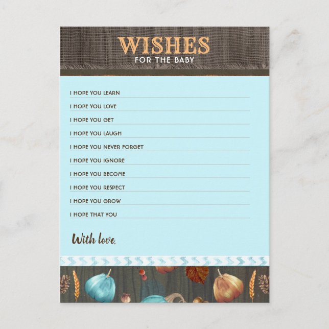 Wishes For The Baby Fall Pumpkin Boys Baby Shower  Postcard (Front)