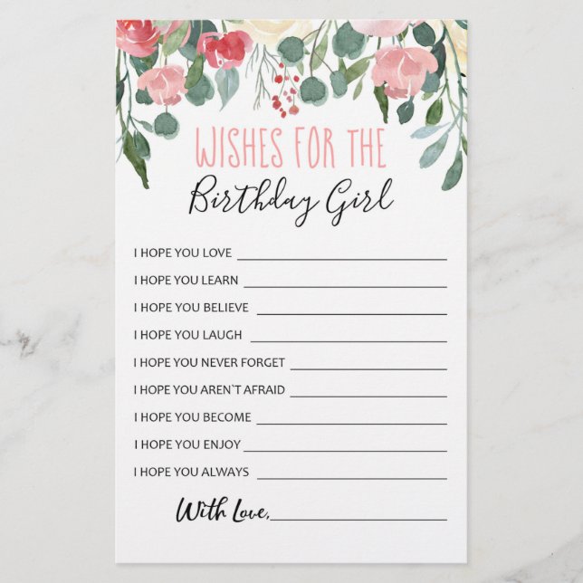 Wishes for the Birthday girl Birthday Party game (Front)