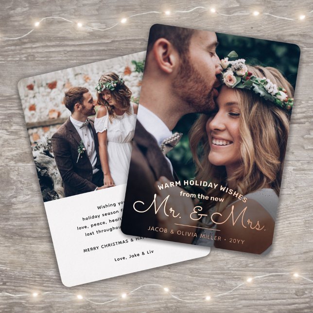 Wishes From New Mr & Mrs - Newlyweds 2 Photo Xmas Foil Holiday Card (Creator Uploaded)