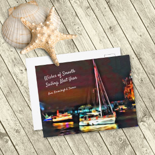 Wishes of Smooth Sailing Next Year Boats Lit Up Holiday Postcard