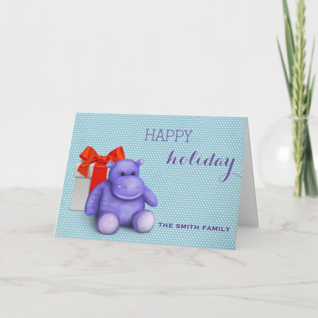 Wishing Happy Holiday Purple Teddy Hippo Christmas Card (Front)