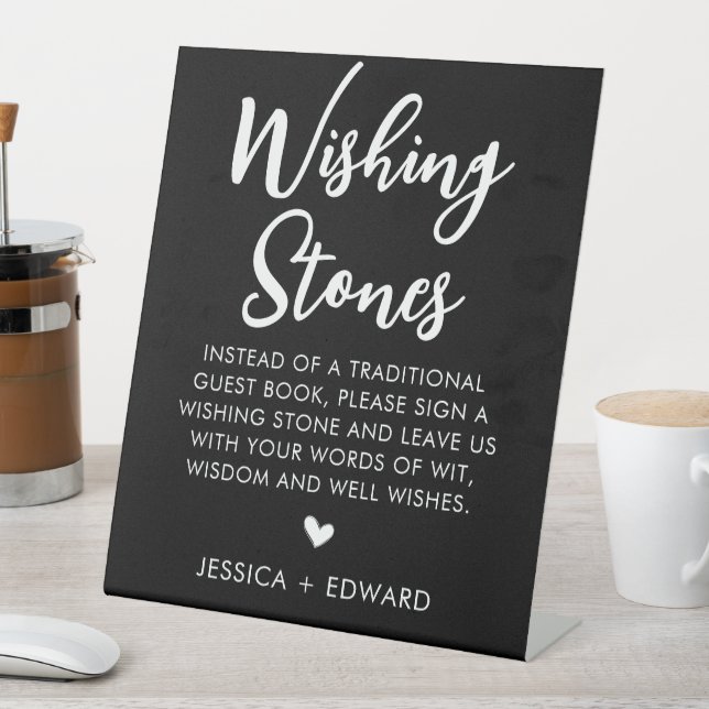 Wishing Stones Guestbook Minimalist Black White Pedestal Sign (In SItu)