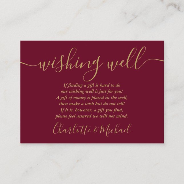 Wishing Well Burgundy And Gold Script Wedding Enclosure Card (Front)